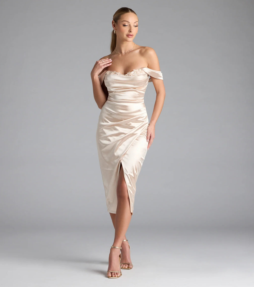 Martine Off-The-Shoulder Midi Satin Formal Dress
