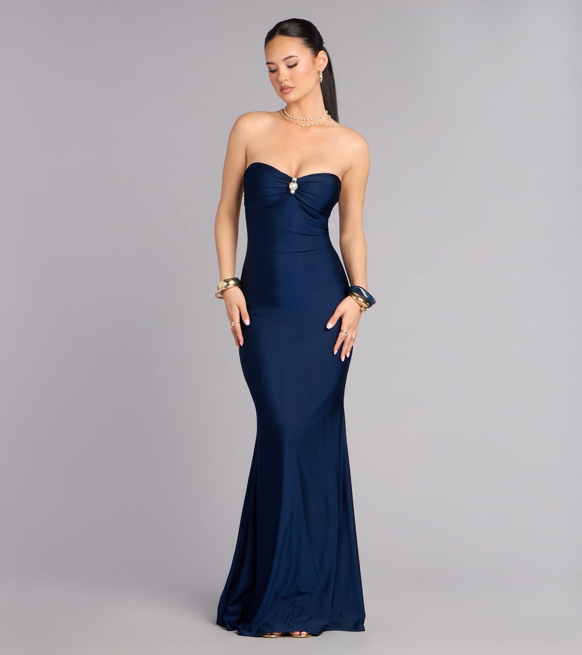 Zooey Faux Pearl Trim Mermaid Formal Dress