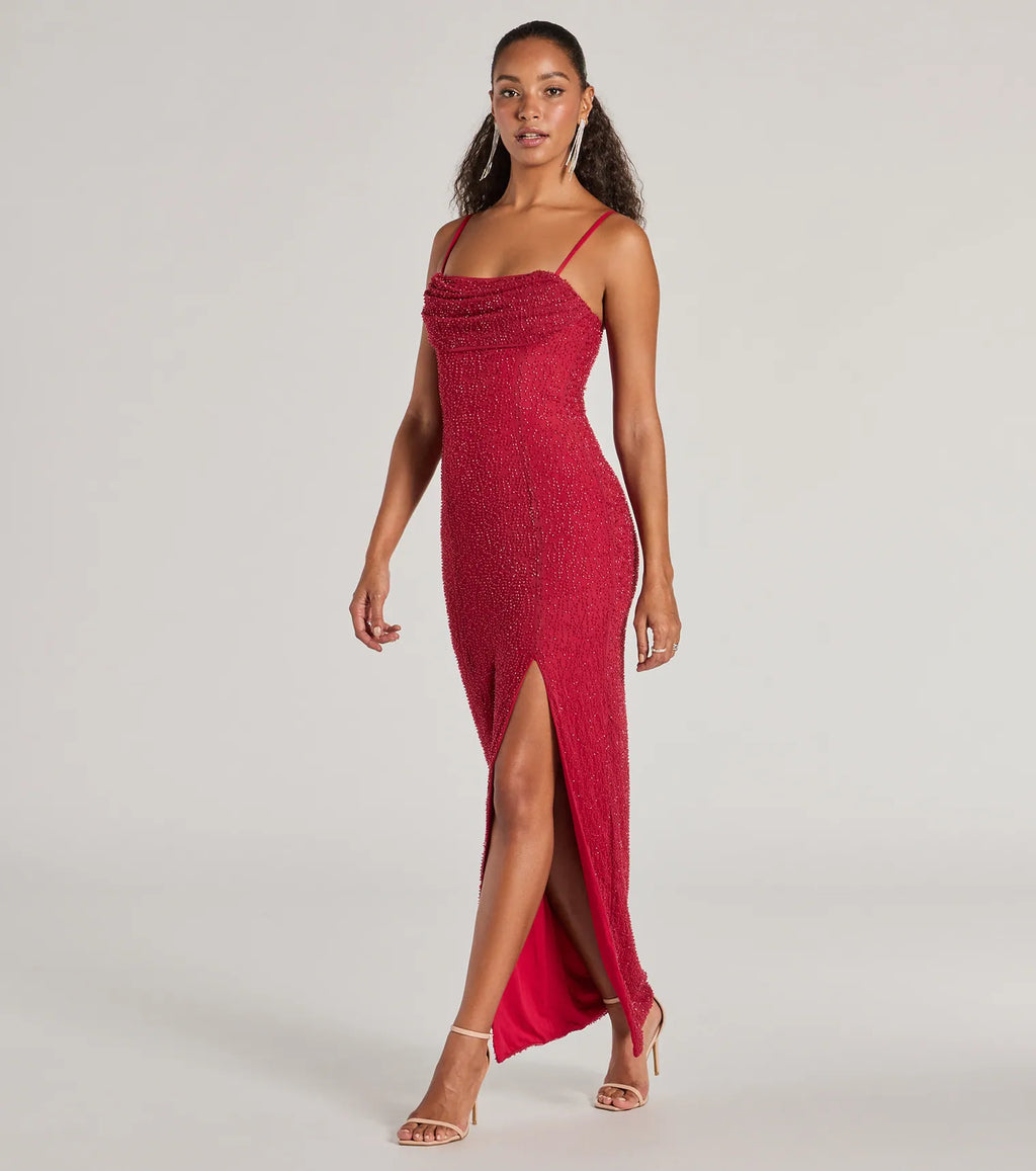 Klara Cowl Neck Faux Pearl Bead Column Dress