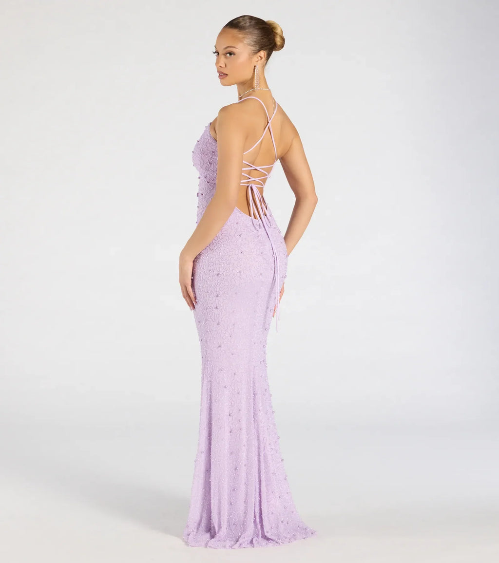 Marlene Lace-Up Mermaid Beaded Pearl Formal Dress