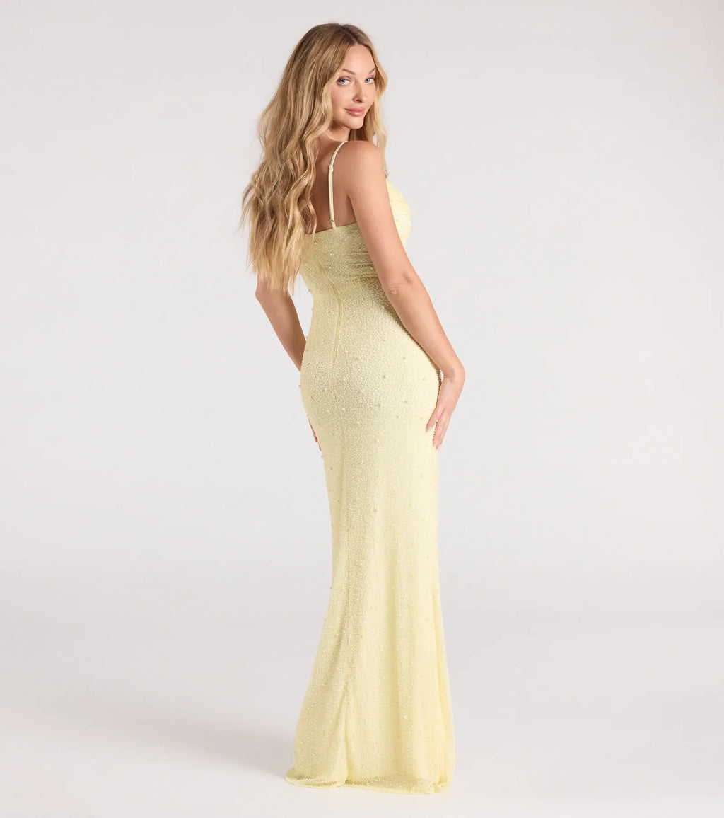 Marine Cutout Slit Mermaid Beaded Formal Dress
