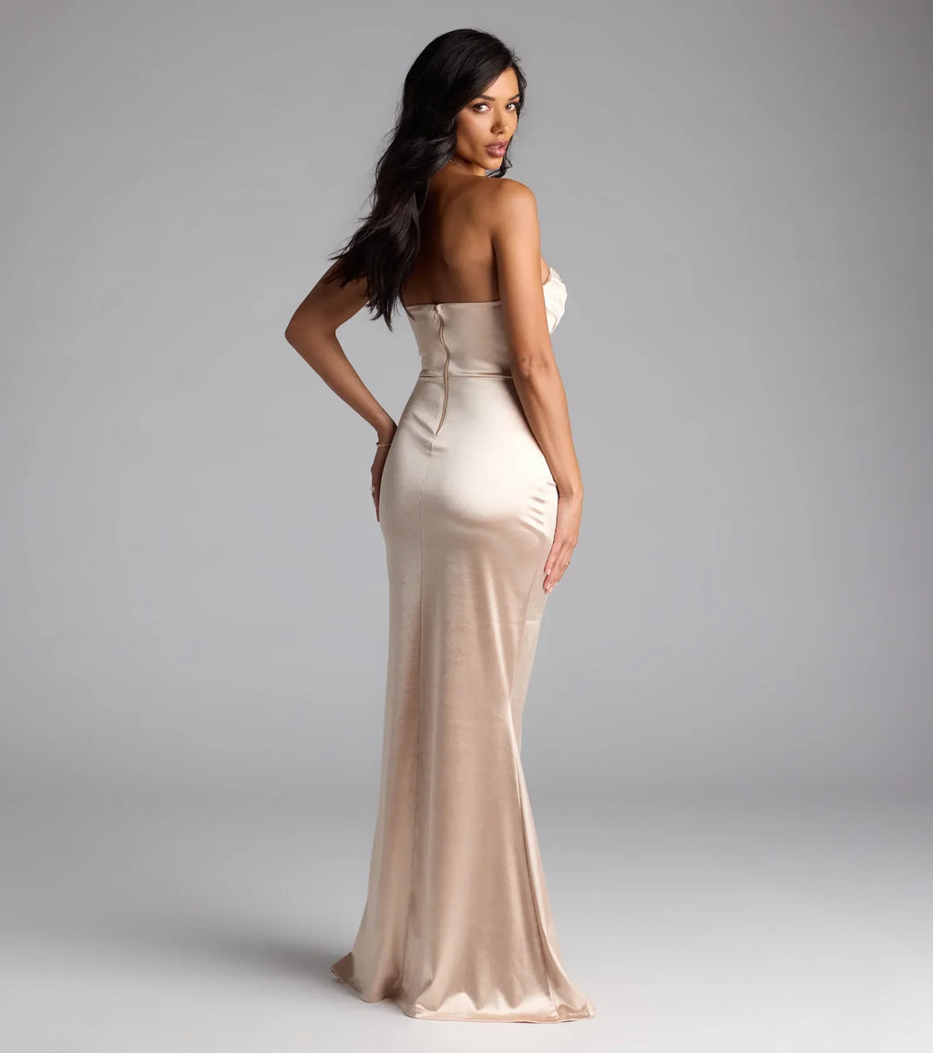 Loren Pearl Corset Slit Satin Formal Dress