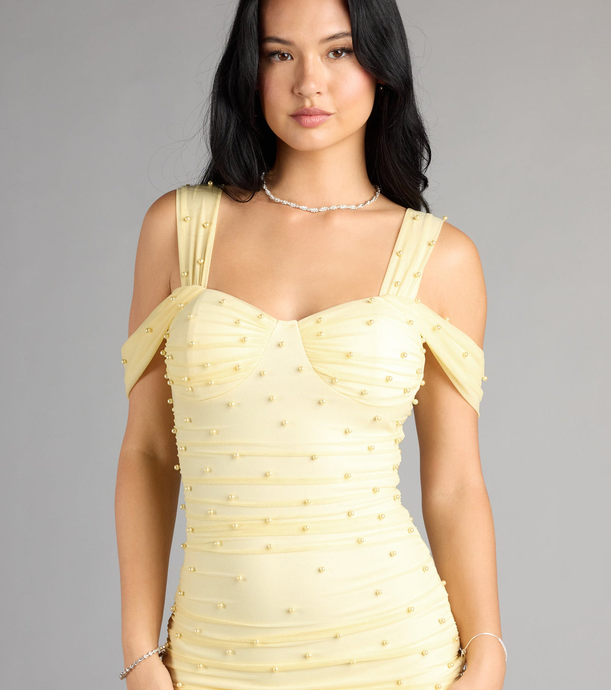 Breathtaking Impression Faux Pearl Bodycon Mini Dress