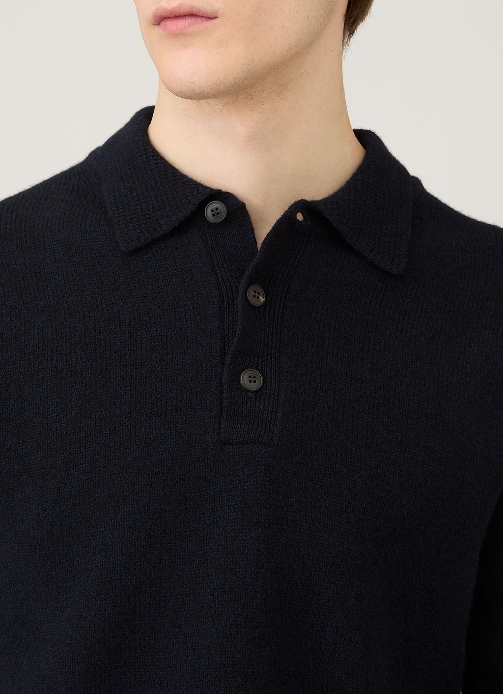 Men's Lambswool Knitted Polo Shirt in Dark Navy Mouline